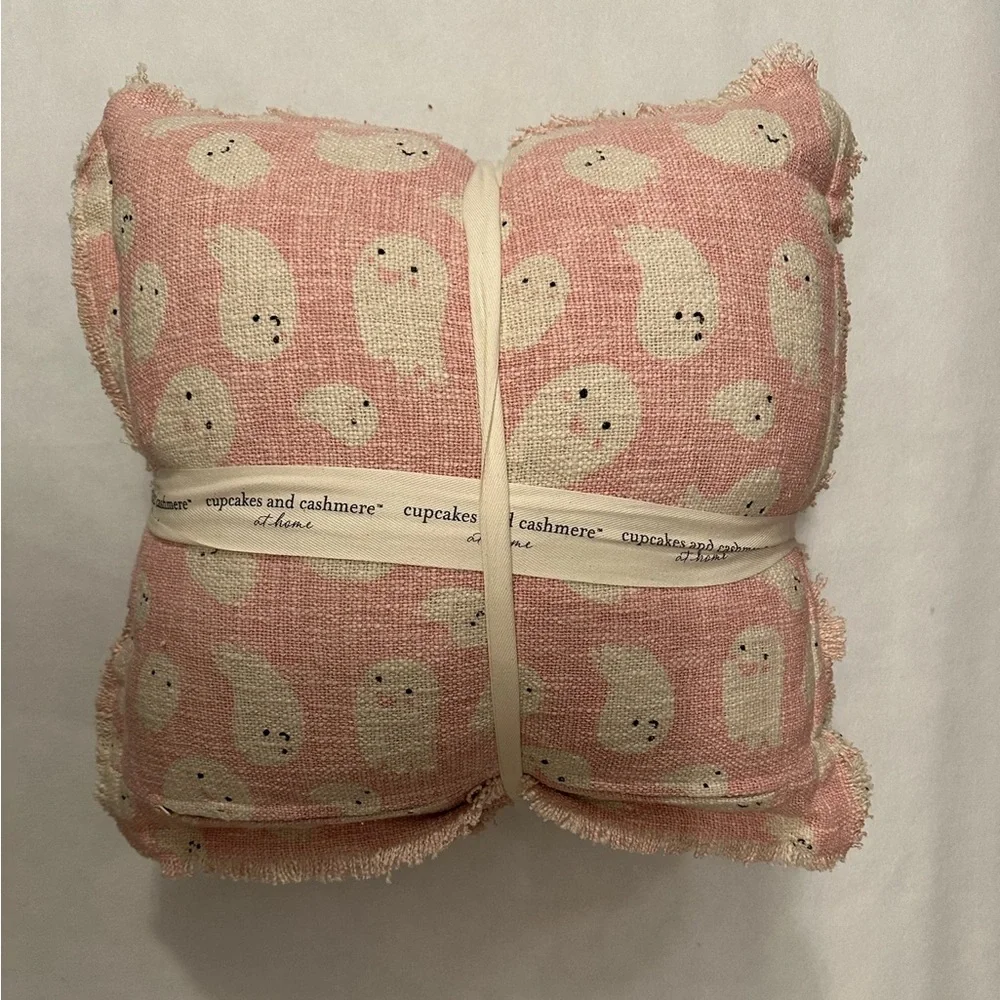 Cupcakes & Cashmere Set of 2 Halloween Pink Ghost Throw Pillows Frayed Edges